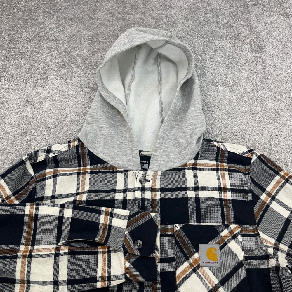 Carhartt Hooded Flannel Shirt Boys Large 14-16 Plaid Button Up